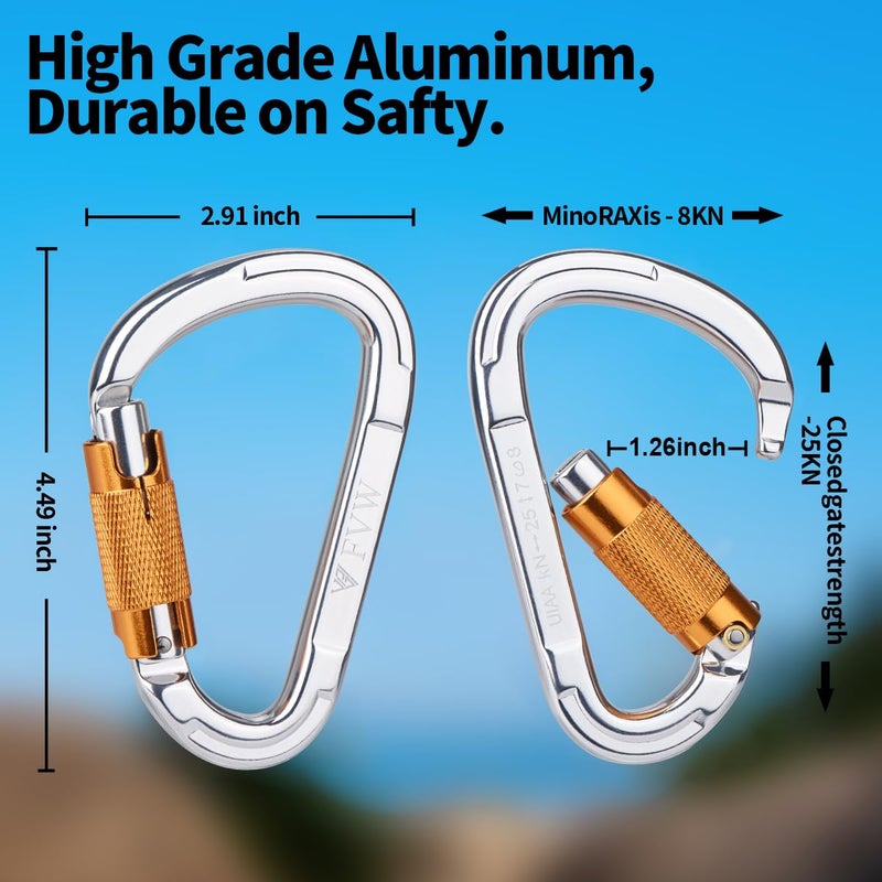 FVW Auto Locking Rock Climbing Carabiner Clips, UIAA Certified Professional 25KN (5620 lbs) Heavy Duty Caribeaners for Rappelling Swing Rescue & Gym etc, Large Carabiners, D-Shaped (silver-2pcs) - Image 4